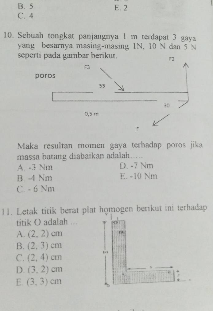 B. 5 E. 2.
C. 4
10. Sebuah tongkat panjangnya 1 m terdapat 3 gaya
yang besarnya masing-masing 1N, 10 N dan 5 N
seperti pada gambar berikut.
Maka resultan momen gaya terhadap poros jika
massa batang diabaikan adalah.....
A. -3 Nm D. -7 Nm
B. -4 Nm E. -10 Nm
C. - 6 Nm
11. Letak titik berat plat homogen berikut ini terhadap
titik O adalah ...
A. (2,2)cm
B. (2,3)cm
C. (2,4)cm
D. (3,2)cm
E. (3,3)cm