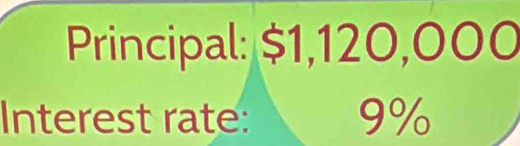 Principal: $1,120,000
Interest rate: 9%