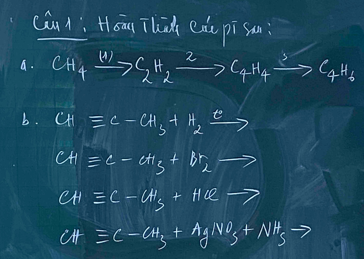 CGi /: Hoāg Thn ede pīson?
a. CH_4xrightarrow WC_2H_2xrightarrow 2C_4H_4xrightarrow 3C_4H_6
b. CHequiv C-CH_3+H_2xrightarrow e
cHequiv C-CH_3+Br_2to
CHequiv C-CH_5+HC2 =
CHequiv C-CH_3+AgNO_3+NH_5