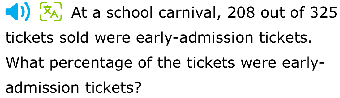 At a school carnival, 208 out of 325
tickets sold were early-admission tickets. 
What percentage of the tickets were early- 
admission tickets?