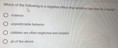 Solved: Which of the following is a negative effect that alchohol can ...
