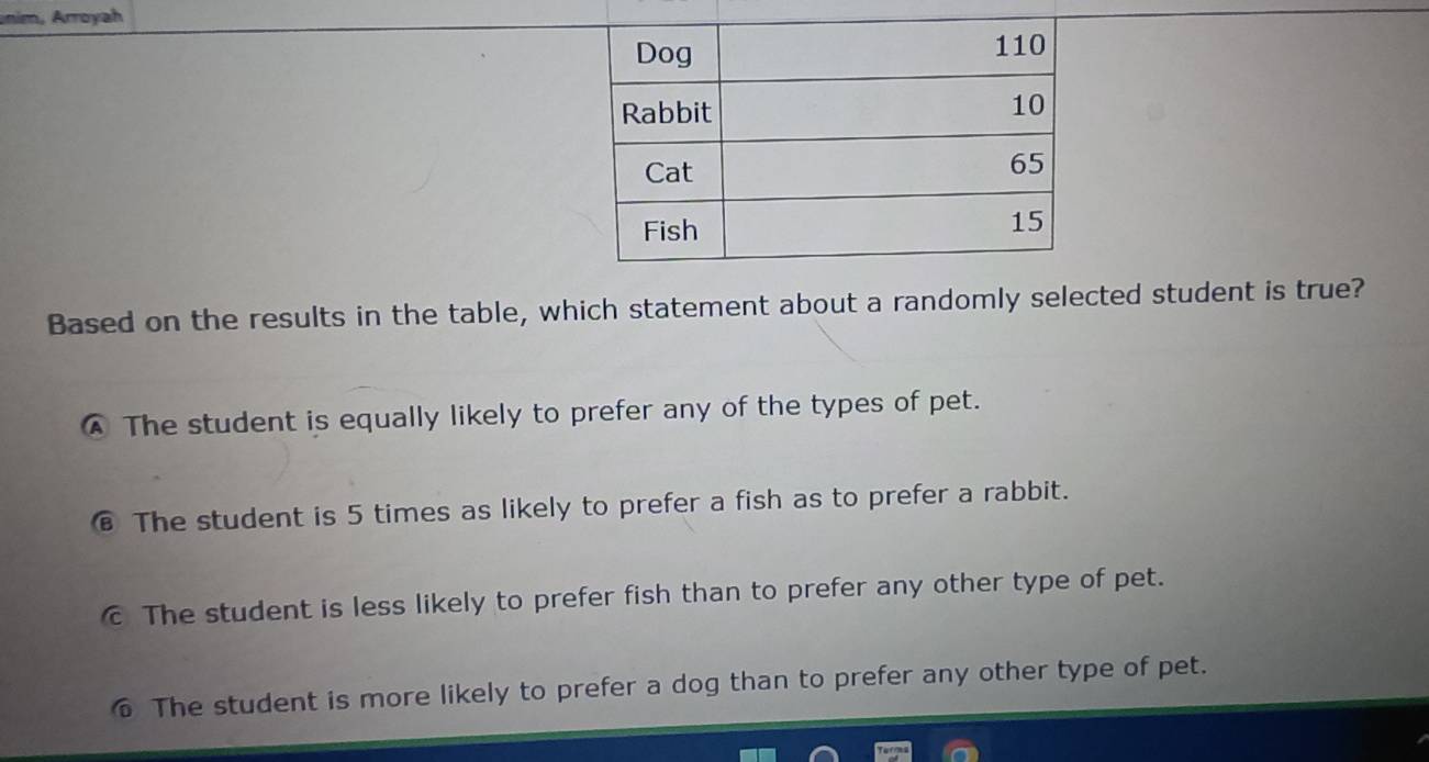 nim, Arroyah
Based on the results in the table, which statement about a randomly selected student is true?
④ The student is equally likely to prefer any of the types of pet.
⑥ The student is 5 times as likely to prefer a fish as to prefer a rabbit.
The student is less likely to prefer fish than to prefer any other type of pet.
6 The student is more likely to prefer a dog than to prefer any other type of pet.