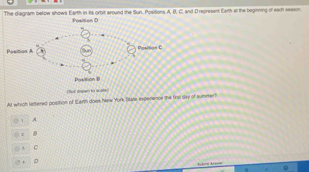 The diagram below shows Earth in its orbit around the Sun. Positions A, B, C, and D represent Earth at the beginning of each season.
Position D
Position 
(Not drawn to scale
At which lettered position of Earth does New York State experience the first day of summer?
A
B
3 C
4 D
Subrit Angwar