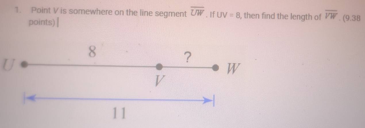 Point V is somewhere on the line segment overline UW. If UV=8 , then find the length of overline VW (9.38 
points)
8
7
?
W
V
11