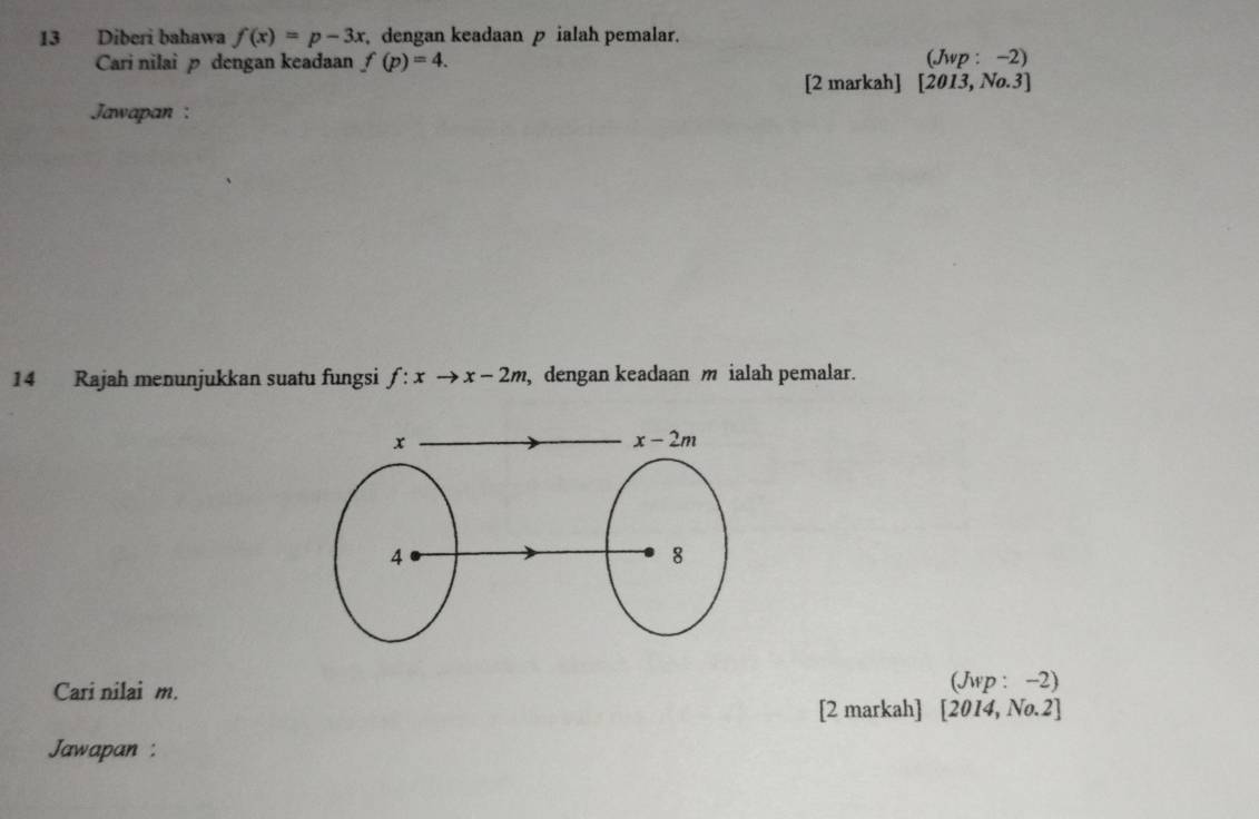 Diberi bahawa f(x)=p-3x , dengan keadaan p ialah pemalar.
Cari nilai p dengan keadaan f(p)=4. (Jwp:-2)
[2 markah] [2013,No.3]
Jawapan :
14 Rajah menunjukkan suatu fungsi f:xto x-2m , dengan keadaan m ialah pemalar.
Cari nilai m. (Jwp : −2)
[2 markah] [2014,No.2]
Jawapan :