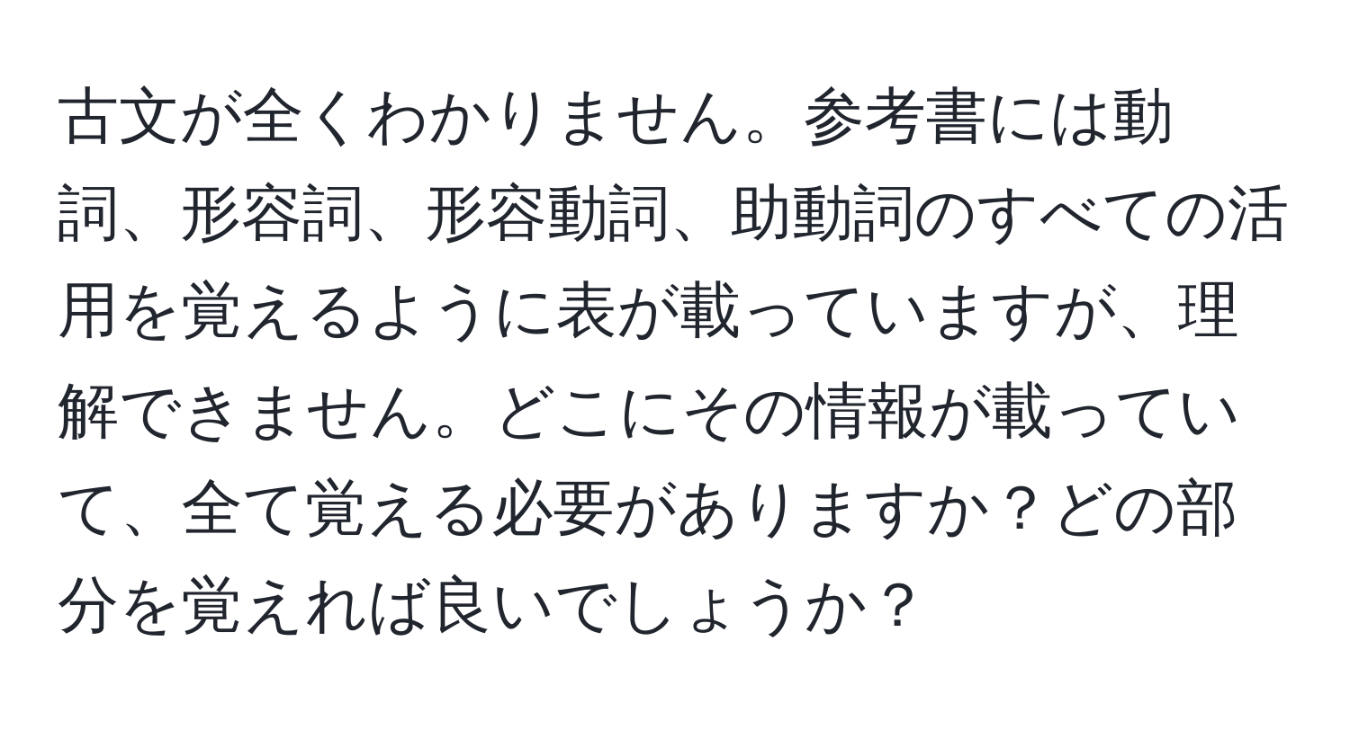 古文が全くわかりません。参考書には動詞、形容詞、形容動詞、助動詞のすべての活用を覚えるように表が載っていますが、理解できません。どこにその情報が載っていて、全て覚える必要がありますか？どの部分を覚えれば良いでしょうか？