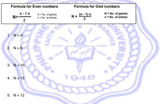 Formula for Even numbers Formula for Odd numbers
N= (n-1n)/2  n=No of entries . of games N= ((n-1)n)/2  n=No of entries of games
N=No
N=No
1. N=9
2. N=8
3. N=10
4. N=15
5. N=12