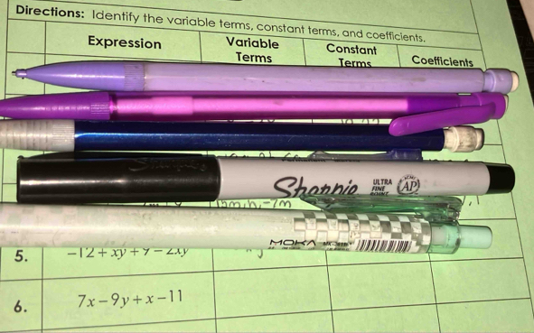 Directions: Identify the variable terms, constant terms, and coefficients.
Expression Variable Constant Coefficients
Terms Terms
Shoppio FINE ULTRA AP
7m