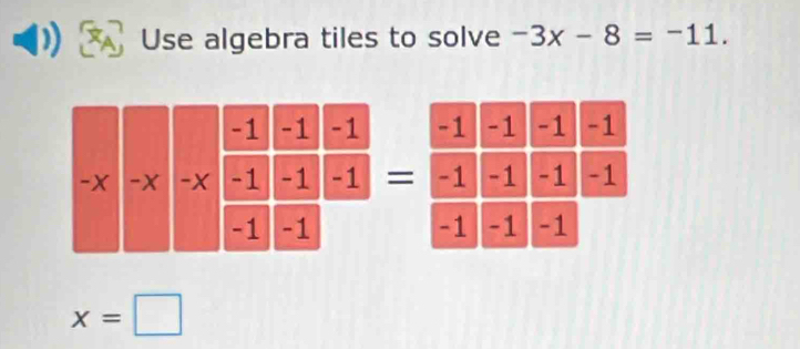 Use algebra tiles to solve -3x-8=-11.
-1 -1 -1
-X -X -X -1 -1 -1 =
-1 -1
x=□