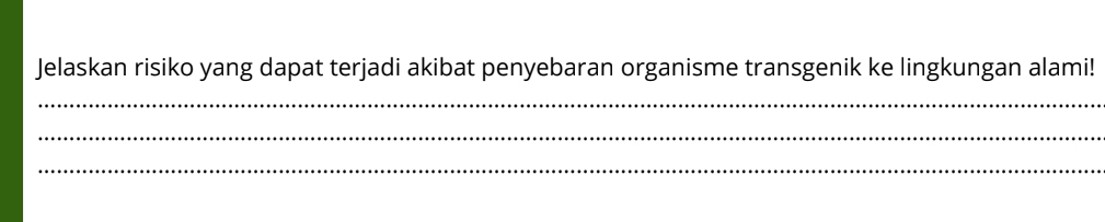 Jelaskan risiko yang dapat terjadi akibat penyebaran organisme transgenik ke lingkungan alami! 
_ 
_ 
_