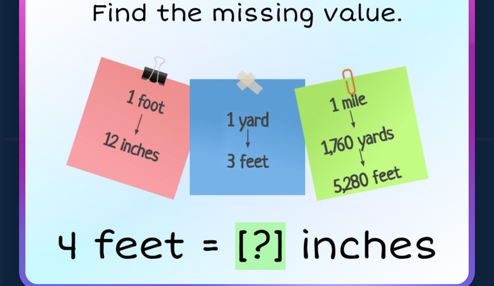 Find the missing value.
4 feet =[?] inches