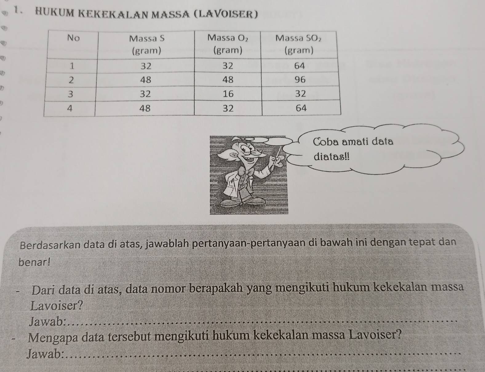 HUKUM KEKEKALAN MASSA (LAVOISER)
D
Berdasarkan data di atas, jawablah pertanyaan-pertanyaan di bawah ini dengan tepat dan
benar!
Dari data di atas, data nomor berapakah yang mengikuti hukum kekekalan massa
Lavoiser?
Jawab:_
Mengapa data tersebut mengikuti hukum kekekalan massa Lavoiser?
Jawab:_
_