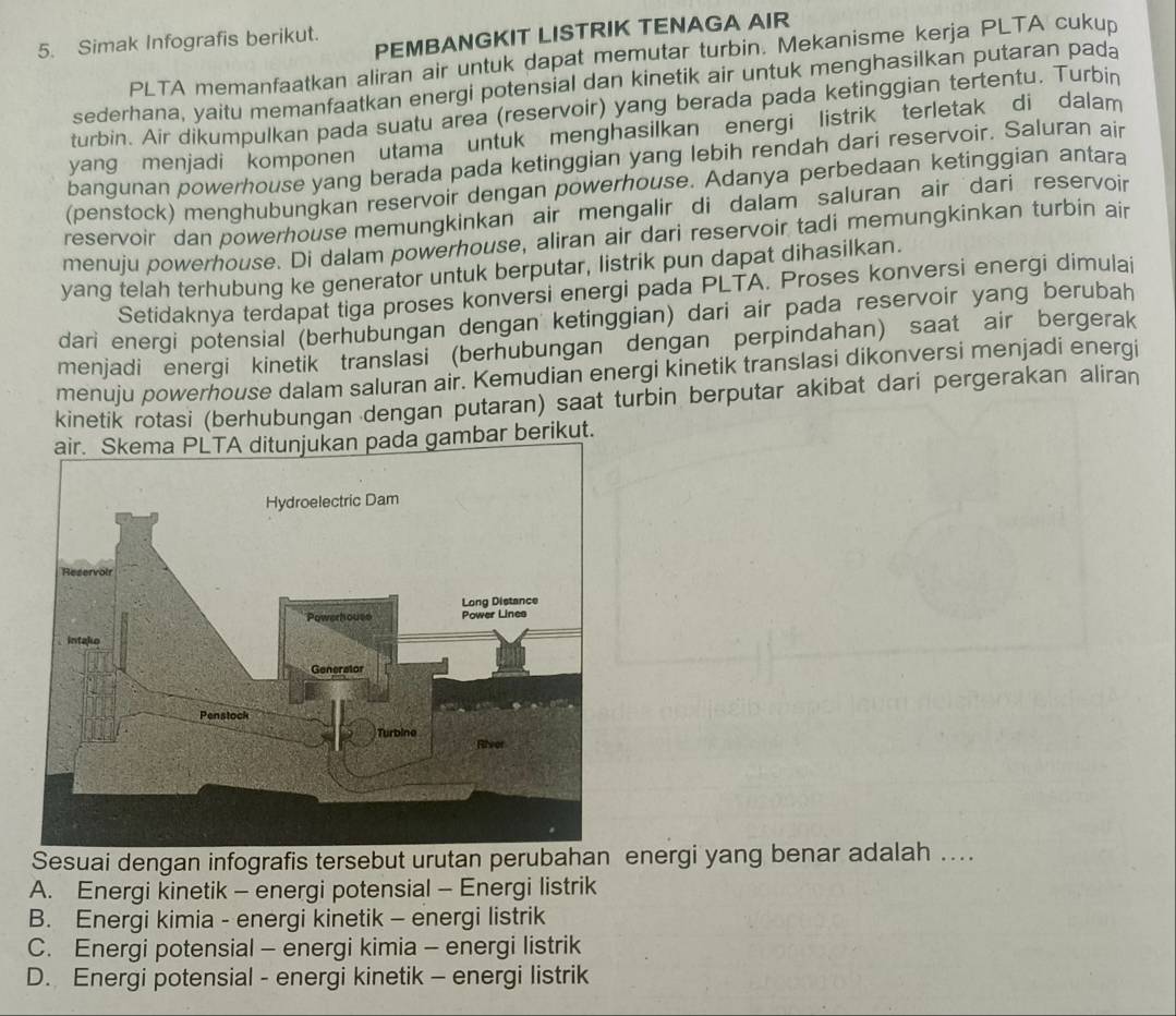 PEMBANGKIT LISTRIK TENAGA AIR
5. Simak Infografis berikut.
PLTA memanfaatkan aliran air untuk dapat memutar turbin. Mekanisme kerja PLTA cukup
sederhana, yaitu memanfaatkan energi potensial dan kinetik air untuk menghasilkan putaran pada
turbin. Air dikumpulkan pada suatu area (reservoir) yang berada pada ketinggian tertentu. Turbin
yang menjadi komponen utama untuk menghasilkan energi listrik terletak di dalam
bangunan powerhouse yang berada pada ketinggian yang lebih rendah dari reservoir. Saluran air
(penstock) menghubungkan reservoir dengan powerhouse. Adanya perbedaan ketinggian antara
reservoir dan powerhouse memungkinkan air mengalir di dalam saluran air  dari reservoir
menuju powerhouse. Di dalam powerhouse, aliran air dari reservoir tadi memungkinkan turbin air
yang telah terhubung ke generator untuk berputar, listrik pun dapat dihasilkan.
Setidaknya terdapat tiga proses konversi energi pada PLTA. Proses konversi energi dimulai
dari energi potensial (berhubungan dengan ketinggian) dari air pada reservoir yang berubah
menjadi energi kinetik translasi (berhubungan dengan perpindahan) saat air bergerak
menuju powerhouse dalam saluran air. Kemudian energi kinetik translasi dikonversi menjadi energi
kinetik rotasi (berhubungan dengan putaran) saat turbin berputar akibat dari pergerakan aliran
air. Skema PLTA ditunjukan pada gambar berikut.
Sesuai dengan infografis tersebut urutan perubahan energi yang benar adalah ....
A. Energi kinetik - energi potensial - Energi listrik
B. Energi kimia - energi kinetik - energi listrik
C. Energi potensial - energi kimia - energi listrik
D. Energi potensial - energi kinetik - energi listrik