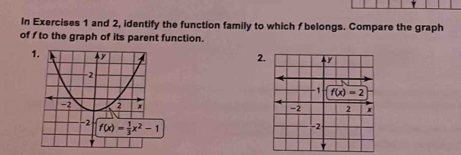 In Exercises 1 and 2, identify the function family to which f belongs. Compare the graph
of f to the graph of its parent function.
1.
2.