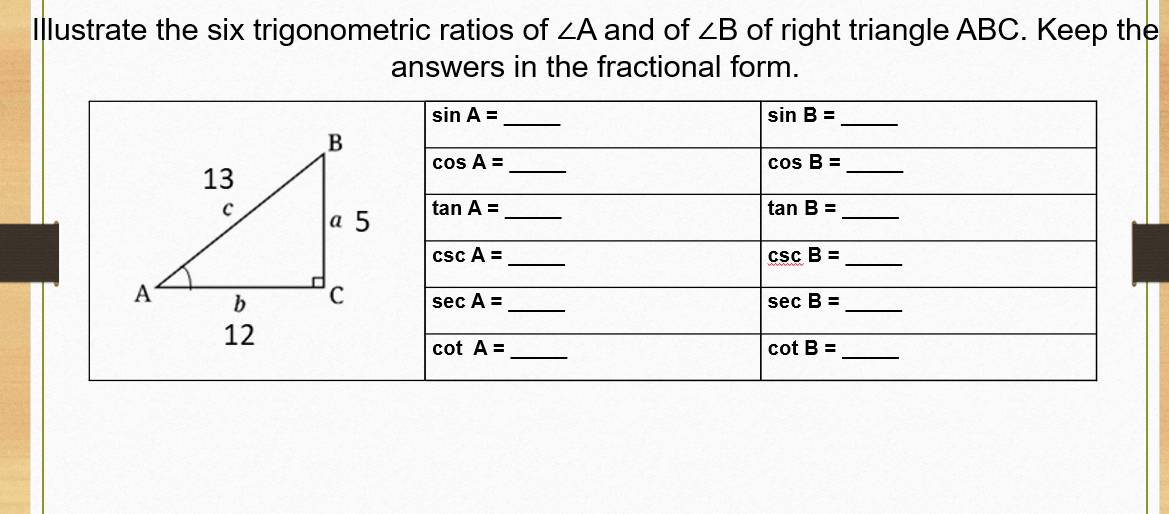 Illustrate the six trigonometric ratios of ∠ A and of ∠ B of right triangle ABC. Keep the
answers in the fractional form.