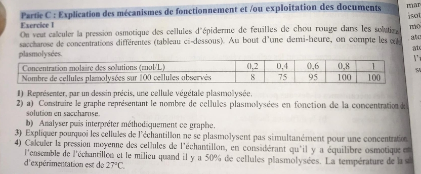 Partic C : Explication des mécanismes de fonctionnement et /ou exploitation des documents mar 
isot 
Exercice I 
On veut calculer la pression osmotique des cellules d'épiderme de feuilles de chou rouge dans les solutions mo 
saccharose de concentrations différentes (tableau ci-dessous). Au bout d’une demi-heure, on compte les celle 
. atc 
at 
l 
1) Représenter, par un dessin précis, une cellule végétale plasmolysée. 
2) a) Construire le graphe représentant le nombre de cellules plasmolysées en fonction de la concentration de 
solution en saccharose. 
b) Analyser puis interpréter méthodiquement ce graphe. 
3) Expliquer pourquoi les cellules de l’échantillon ne se plasmolysent pas simultanément pour une concentration 
4) Calculer la pression moyenne des cellules de l'échantillon, en considérant qu'il y a équilibre osmotique ent 
l'ensemble de l'échantillon et le milieu quand il y a 50% de cellules plasmolysées. La température de la sa 
d'expérimentation est de 27°C.