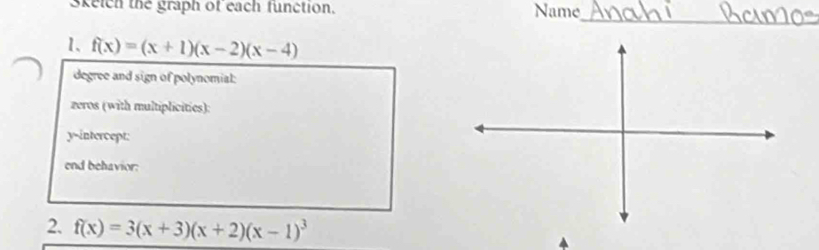 Skelch the graph of each function. Name 
_ 
1、 f(x)=(x+1)(x-2)(x-4)
degree and sign of polynomial: 
zeros (with multiplicities): 
y-intercept: 
end behavior: 
2. f(x)=3(x+3)(x+2)(x-1)^3