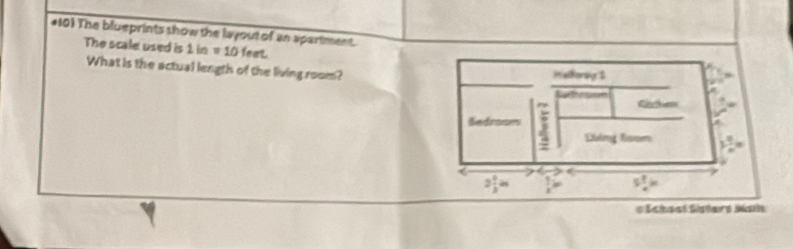 #101 The blueprints show the layout of an apartiment. 
The scale used is 1in=10 1eet 
What is the actual length of the living room? 
Halhoring $ 
Re 

Sedrasm 5 Dbing Rsom 
< 7 >
2 1/3 an
s p/e in
* Echaat Sisters Mai