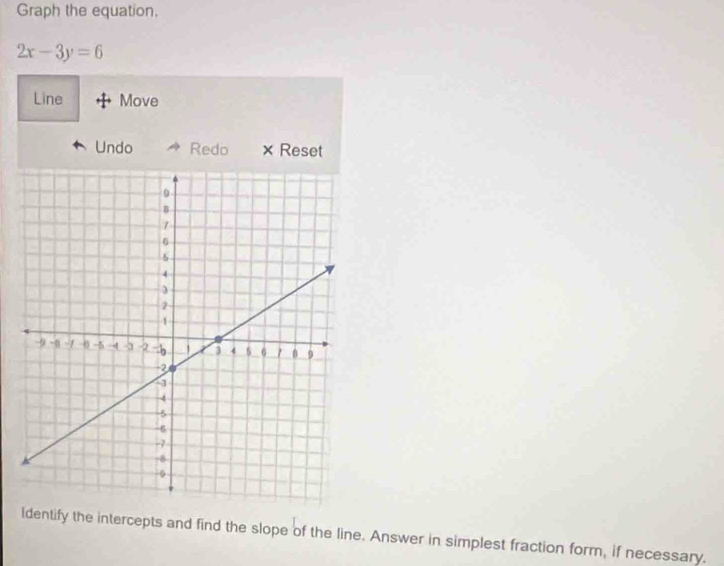 Graph the equation.
2x-3y=6
Line Move 
Undo Redo × Reset 
ldentify the intercepts and find the slope of the line. Answer in simplest fraction form, if necessary.