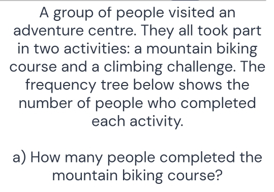 A group of people visited an 
adventure centre. They all took part 
in two activities: a mountain biking 
course and a climbing challenge. The 
frequency tree below shows the 
number of people who completed 
each activity. 
a) How many people completed the 
mountain biking course?