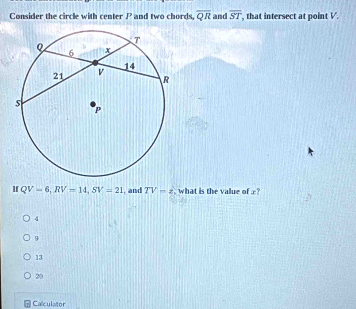 Consider the circle with center P and two chords, overline QR and overline ST , that intersect at point V.
If QV=6, RV=14, SV=21 , and TV=x , what is the value of £?
4
9
13
20
Calculator