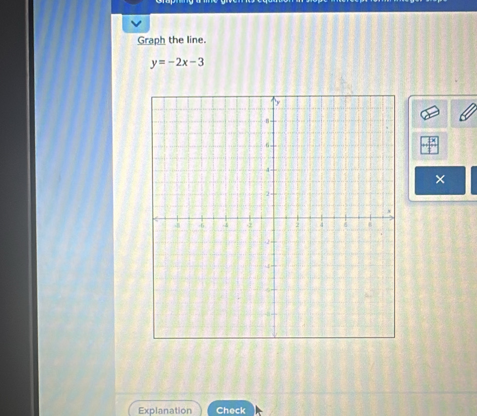 Graph the line.
y=-2x-3
× 
Explanation Check