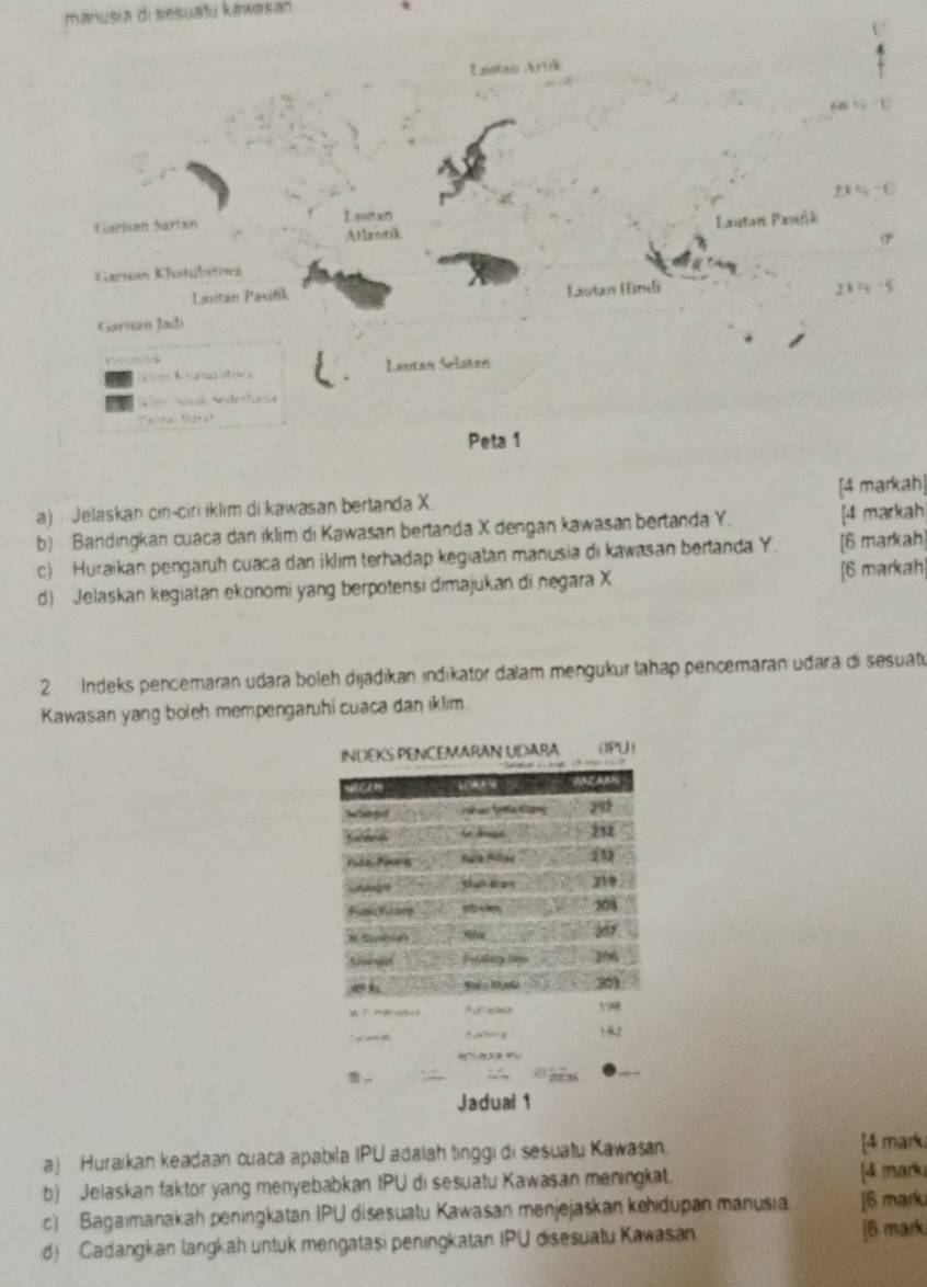 manusia di sesuału kawəsan 
Cantan Artik 
Gartcan Surtan 
Lautan Pasifík 
Garsoen Khatulstiez 
Uxitan Pasifil Hastan Hìndi 
Garisán Jaili 
Lautań Šelatan 
N 
Peta 1 
a) Jelaskan cin-ciri íklim di kawasan bertanda X [4 markah] 
b) Bandingkan cuaca dan iklim di Kawasan bertanda X dengan kawasan bertanda Y. [4 markah 
c) Huraikan pengaruh cuaca dan iklım terhadap kegiatan manusia di kawasan bertanda Y. [6 markah] 
d) Jelaskan kegiatan ekonomi yang berpotensi dimajukan di negara X [6 markah] 
2. Indeks pencemaran udara boleh dijadikan indikator dalam mengukur lahap pencemaran udara di sesuato 
Kawasan yang boleh mempengaruhi cuaca dan iklim. 
a) Huraikan keadaan cuaca apabila IPU adalah tinggi di sesuatu Kawasan. [4 marki 
b) Jelaskan faktor yang menyebabkan IPU di sesuatu Kawasan meningkat. [4 mark 
c) Bagaimanakah peningkatan IPU disesuatu Kawasan menjejaskan kehidupan manusia [6 mark 
d) Cadangkan langkah untuk mengatasi peningkatan IPU disesuatu Kawasan. [B mark