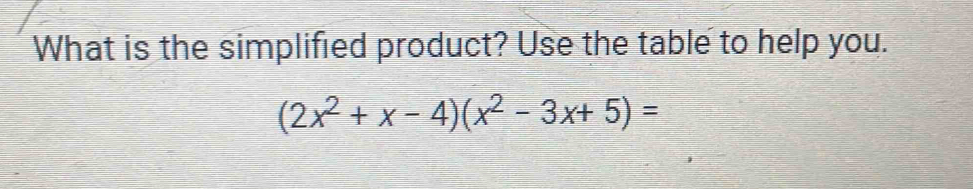 What is the simplified product? Use the table to help you.
(2x^2+x-4)(x^2-3x+5)=