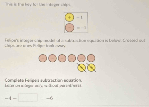 This is the key for the integer chips.
+ =1
=-1
Felipe's integer chip model of a subtraction equation is below. Crossed out
chips are ones Felipe took away.
Complete Felipe's subtraction equation.
Enter an integer only, without parentheses.
-4-□ =-6