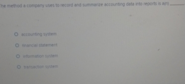 The method a company uses to record and summarize accounting data into reports is a(n)_
accounting system
financial statement
information system
transaction system