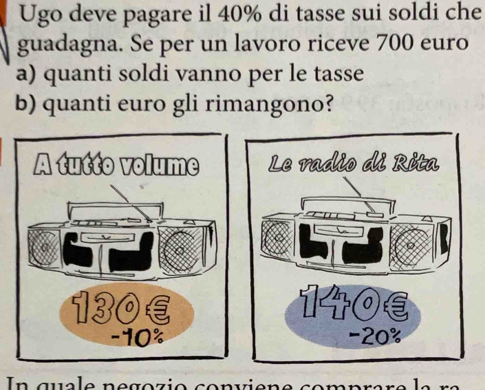 Ugo deve pagare il 40% di tasse sui soldi che 
guadagna. Se per un lavoro riceve 700 euro
a) quanti soldi vanno per le tasse 
b) quanti euro gli rimangono? 
In quale negozio conviene comprare la ra