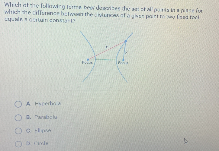 Which of the following terms best describes the set of all points in a plane for
which the difference between the distances of a given point to two fixed foci
equals a certain constant?
A. Hyperbola
B. Parabola
C. Ellipse
D. Circle