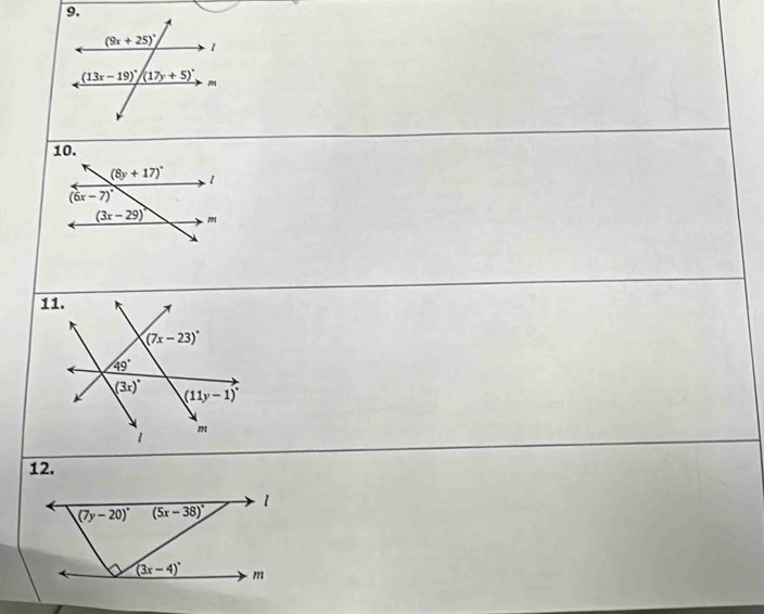 (8y+17)^circ . 1
(6x-7)^circ 
(3x-29) m
12.