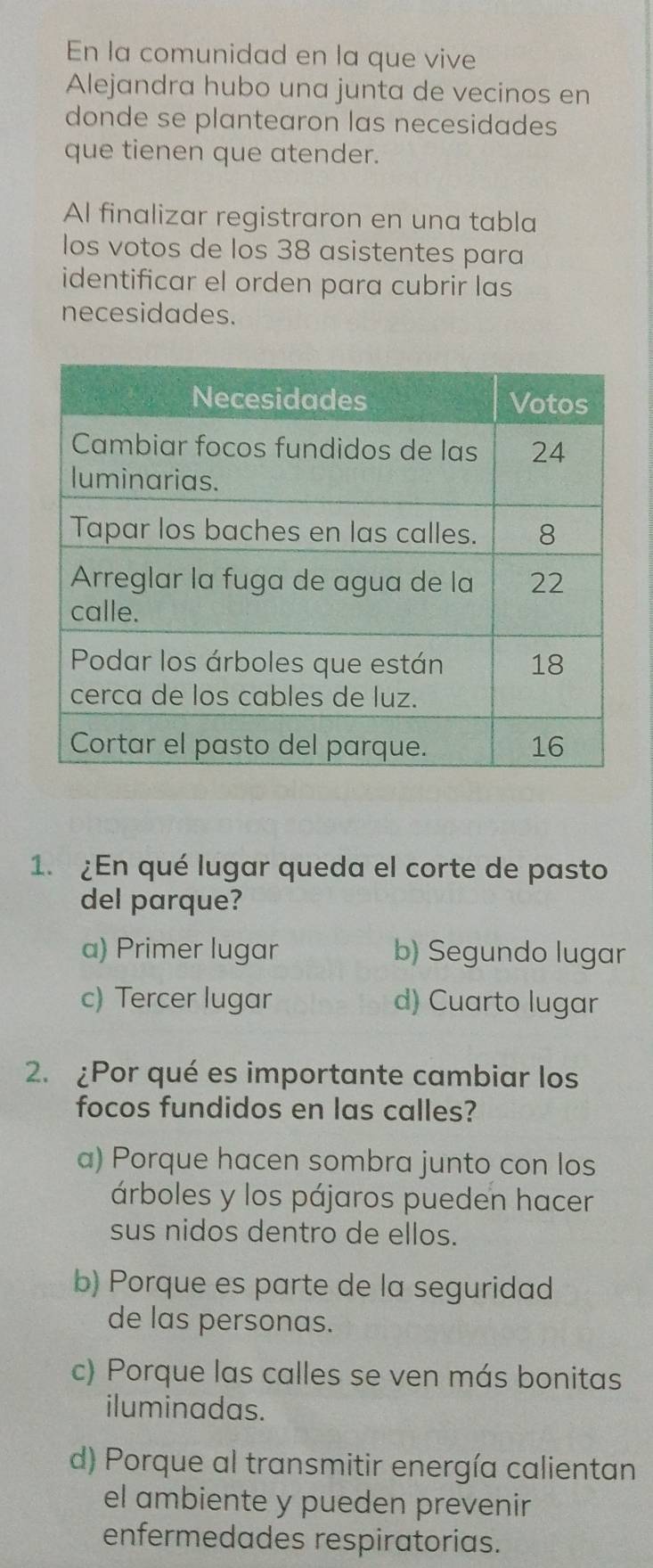 En la comunidad en la que vive
Alejandra hubo una junta de vecinos en
donde se plantearon las necesidades
que tienen que atender.
Al finalizar registraron en una tabla
los votos de los 38 asistentes para
identificar el orden para cubrir las
necesidades.
1. ¿En qué lugar queda el corte de pasto
del parque?
a) Primer lugar b) Segundo lugar
c) Tercer lugar d) Cuarto lugar
2. ¿Por qué es importante cambiar los
focos fundidos en las calles?
a) Porque hacen sombra junto con los
árboles y los pájaros pueden hacer
sus nidos dentro de ellos.
b) Porque es parte de la seguridad
de las personas.
c) Porque las calles se ven más bonitas
iluminadas.
d) Porque al transmitir energía calientan
el ambiente y pueden prevenir
enfermedades respiratorias.