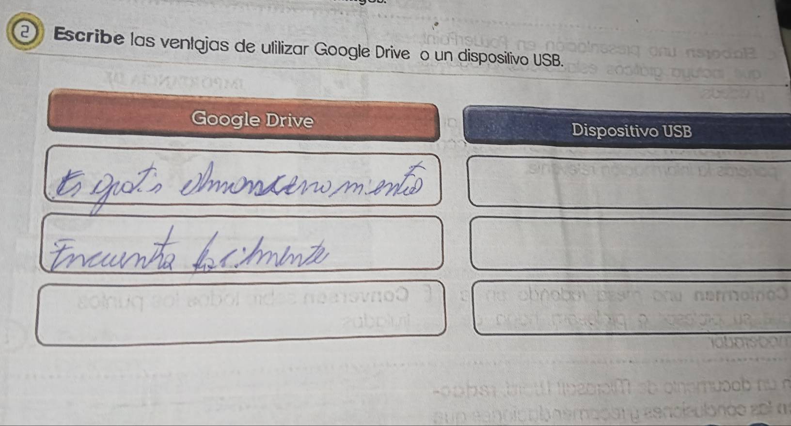 Escribe las ventajas de utilizar Google Driveço un dispositivo USB. 
Google Drive 
Dispositivo USB