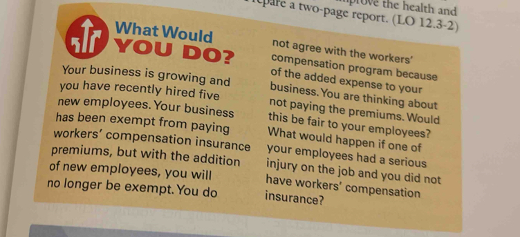 prove the health and 
pare a two-page report. (LO 12.3-2) 
What Would not agree with the workers’ 
sir YOU DO? compensation program because 
of the added expense to your 
Your business is growing and business.You are thinking about 
you have recently hired five not paying the premiums. Would 
new employees. Your business this be fair to your employees? 
has been exempt from paying What would happen if one of 
workers’ compensation insurance your employees had a serious 
premiums, but with the addition injury on the job and you did not 
of new employees, you will have workers’ compensation 
no longer be exempt.You do insurance?