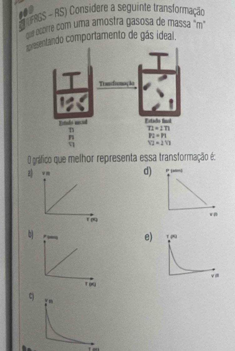 s00
* UFRGS - RS) Considere a seguinte transformação
que ocorre com uma amostra gasosa de massa “m”
aprndo comportamento de gás ideal.
O gráfico que melhor representa essa transformação é:
a) ym d) P (atm)
V (
F (K)
b)
e
T (K)
C