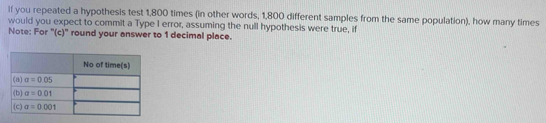 If you repeated a hypothesis test 1,800 times (in other words, 1,800 different samples from the same population), how many times
would you expect to commit a Type I error, assuming the null hypothesis were true, if
Note: For ''(c)' round your answer to 1 decimal place.