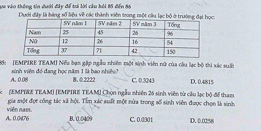 Tựa vào thông tin dưới đây để trả lời câu hỏi 85 đến 86
Dưới đây là bảng số liệu về các thành viên trong một câu lạc bộ ở trư:
85: [EMPIRE TEAM] Nếu bạn gặp ngẫu nhiên một sinh viên nữ của câu lạc bộ thì xác suất
sinh viên đó đang học năm 1 là bao nhiêu?
A. 0.08 B. 0.2222 C. 0.3243 D. 0.4815
5: [EMPIRE TEAM] [EMPIRE TEAM] Chọn ngẫu nhiên 26 sinh viên từ câu lạc bộ để tham
gia một đợt công tác xã hội. Tỉm xác suất một nửa trong số sinh viên được chọn là sinh
viên nam.
A. 0.0476 B. 0.0409 C. 0.0301 D. 0.0258