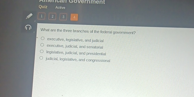 Amencan Government
Quiz Active
1 2 3 4
What are the three branches of the federal government?
executive, legislative, and judicial
executive, judicial, and senatorial
legislative, judicial, and presidential
judicial, legislative, and congressional