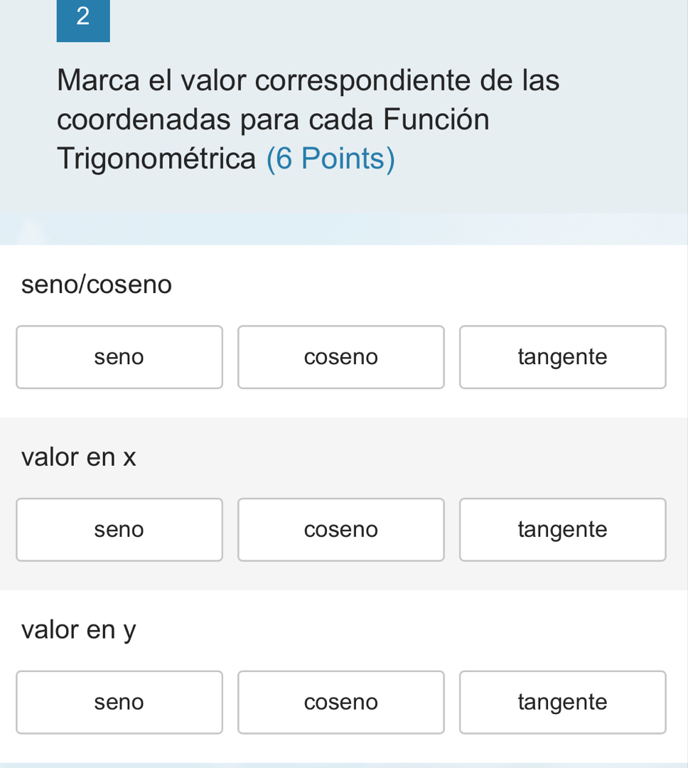 Marca el valor correspondiente de las 
coordenadas para cada Función 
Trigonométrica (6 Points) 
seno/coseno 
seno coseno tangente 
valor en x
seno coseno tangente 
valor en y
seno coseno tangente