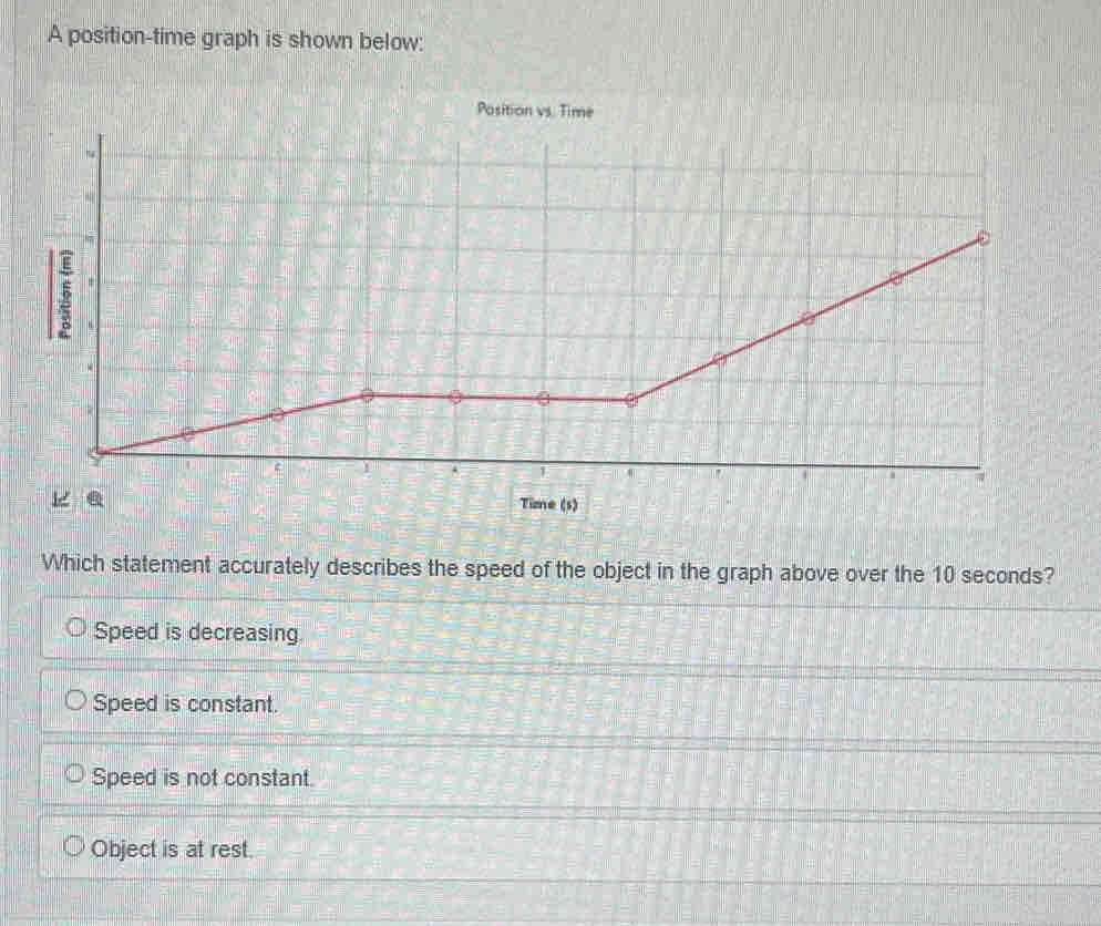 A position-time graph is shown below:
Position vs. Time
Which statement accurately describes the speed of the object in the graph above over the 10 seconds?
Speed is decreasing.
Speed is constant.
Speed is not constant.
Object is at rest.