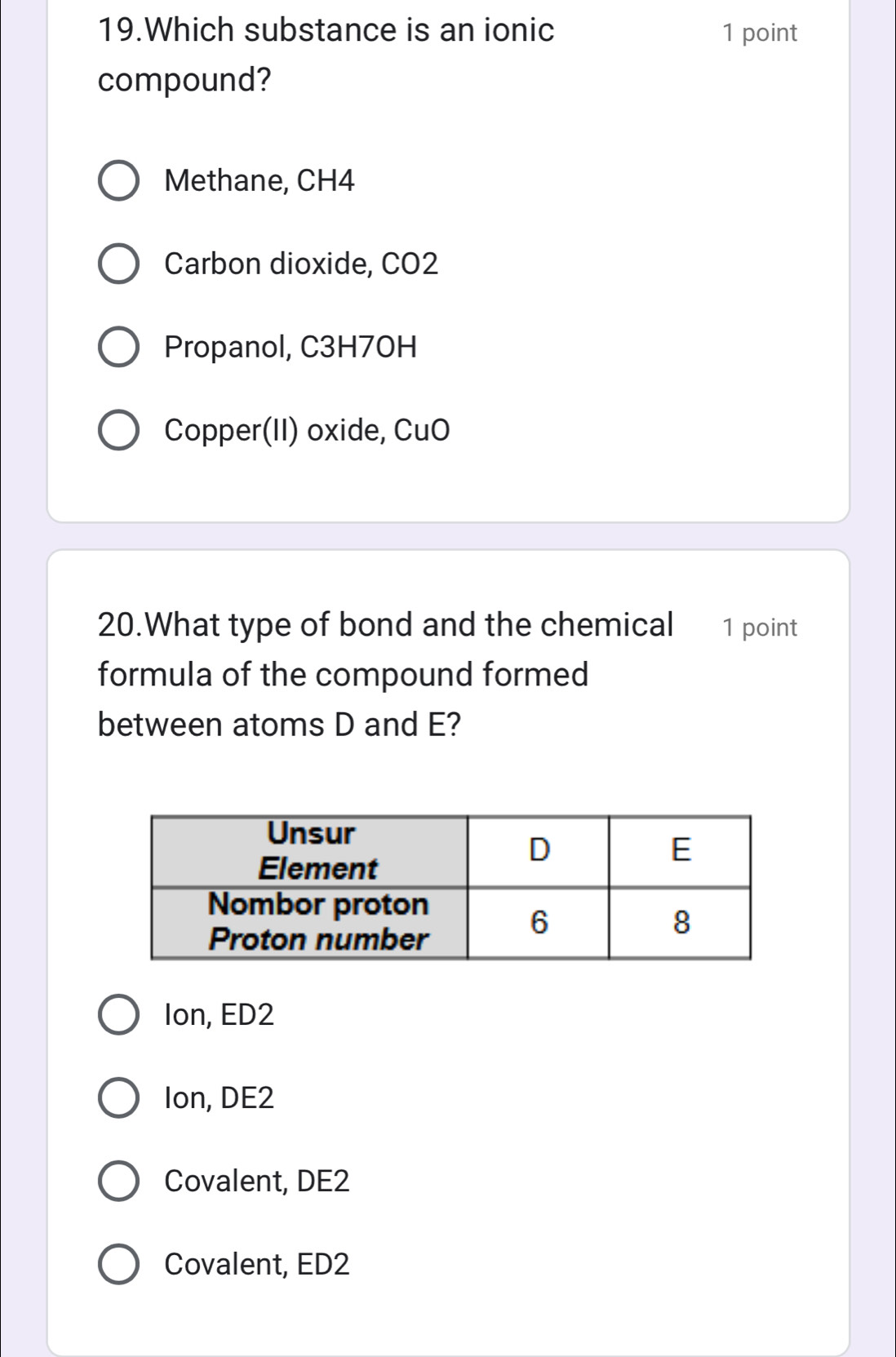 Which substance is an ionic 1 point
compound?
Methane, CH4
Carbon dioxide, CO2
Propanol, C3H7OH
Copper(II) oxide, CuO
20.What type of bond and the chemical 1 point
formula of the compound formed
between atoms D and E?
Ion, ED2
Ion, DE2
Covalent, DE2
Covalent, ED2