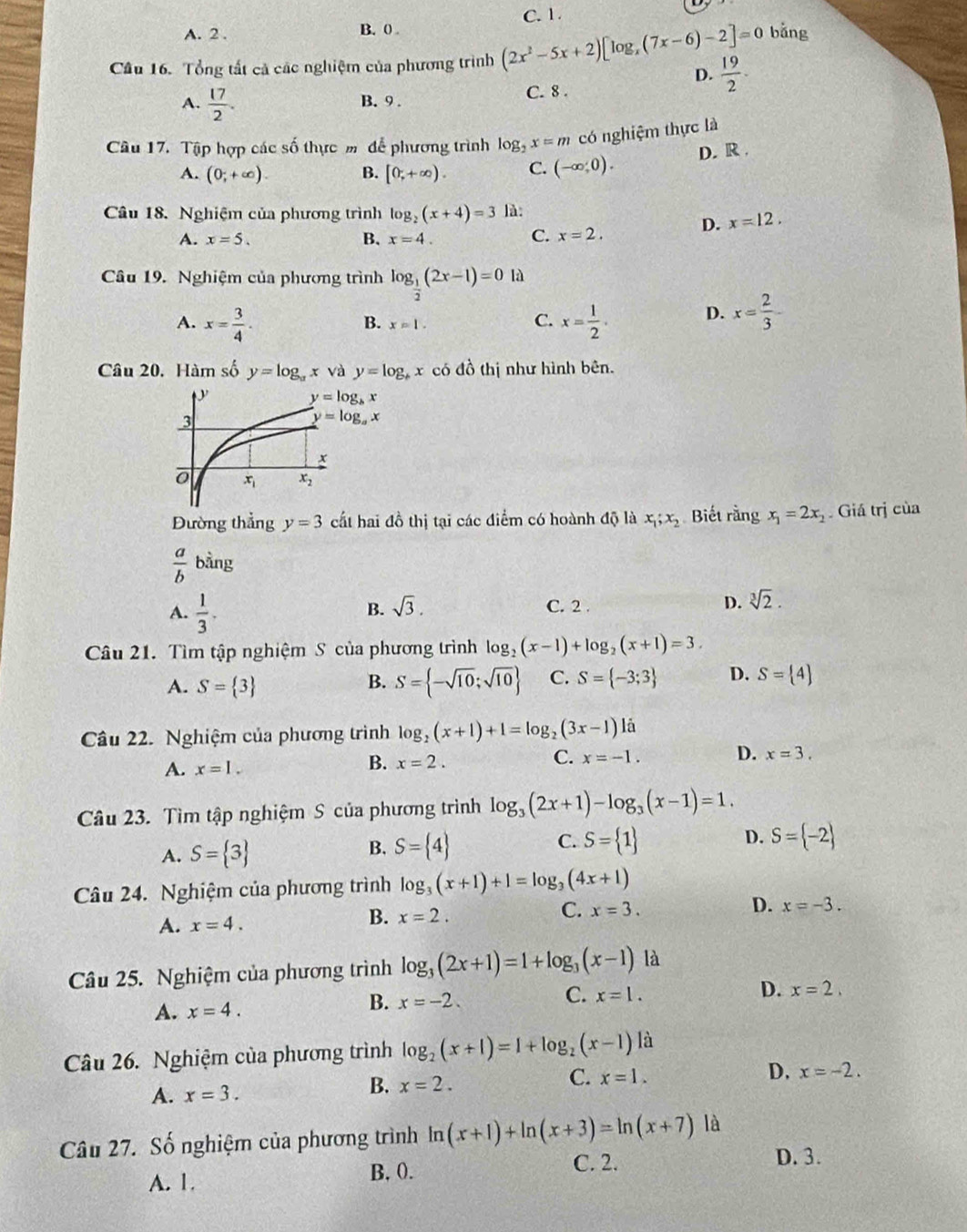 A. 2 . B. 0 C. 1.
bǎng
Câu 16. Tổng tất cả các nghiệm của phương trình (2x^2-5x+2)[log _x(7x-6)-2]=0 D.  19/2 .
A.  17/2 . B. 9. C. 8 .
Câu 17. Tập hợp các số thực m để phương trình log _2x=m có nghiệm thực là
A. (0;+∈fty ). B. [0;+∈fty ). C. (-∈fty ,0). D. R 
Câu 18. Nghiệm của phương trình log _2(x+4)=3 là:
D. x=12.
A. x=5. B. x=4.
C. x=2.
Câu 19. Nghiệm của phương trình log _ 1/2 (2x-1)=0 là
A. x= 3/4 . x= 1/2 .
B. x=1.
C.
D. x= 2/3 -
Câu 20. Hàm số y=log _ax và y=log _bx có đồ thị như hình bên.
Đường thẳng y=3 cất hai đồ thị tại các điểm có hoành độ là x_1;x_2 Biết rằng x_1=2x_2. Giá trị của
 a/b bing
A.  1/3 .
B. sqrt(3). C. 2 . D. sqrt[3](2).
Câu 21. Tìm tập nghiệm S của phương trình log _2(x-1)+log _2(x+1)=3.
B.
A. S= 3 S= -sqrt(10);sqrt(10) C. S= -3;3 D. S= 4
Câu 22. Nghiệm của phương trình log _2(x+1)+1=log _2(3x-1)1hat 
A. x=1.
B. x=2.
C. x=-1.
D. x=3.
Câu 23. Tìm tập nghiệm S của phương trình log _3(2x+1)-log _3(x-1)=1.
A. S= 3 B. S= 4 C. S= 1
D. S= -2
Câu 24. Nghiệm của phương trình log _3(x+1)+1=log _3(4x+1)
A. x=4. x=2. C. x=3. D. x=-3.
B.
Câu 25. Nghiệm của phương trình log _3(2x+1)=1+log _3(x-1) là
C. x=1.
D. x=2.
A. x=4.
B. x=-2.
Câu 26. Nghiệm của phương trình log _2(x+1)=1+log _2(x-1) là
C. x=1.
D. x=-2.
A. x=3.
B. x=2.
Câu 27. Số nghiệm của phương trình ln (x+1)+ln (x+3)=ln (x+7)|a D. 3.
B, 0.
A. 1. C. 2.