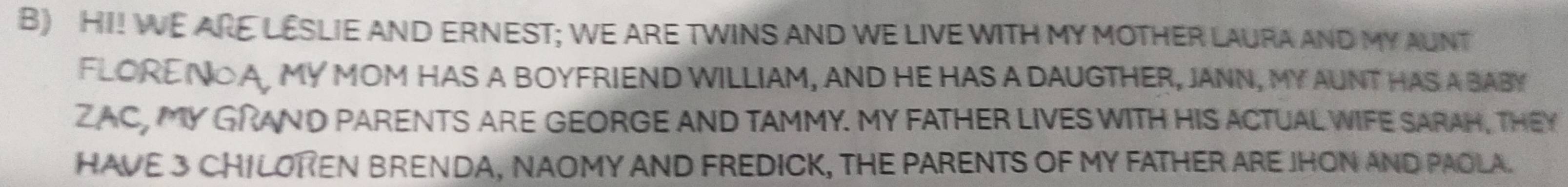 HI! WE ARE LESLIE AND ERNEST; WE ARE TWINS AND WE LIVE WITH MY MOTHER LAURA AND MY AUNT 
FLORE NO A, MY MOM HAS A BOYFRIEND WILLIAM, AND HE HAS A DAUGTHER, JANN, MY AUNT HAS A BABY 
ZAC, MY GRAND PARENTS ARE GEORGE AND TAMMY. MY FATHER LIVES WITH HIS ACTUAL WIFE SARAH, THEY 
HAVE 3 CHILOREN BRENDA, NAOMY AND FREDICK, THE PARENTS OF MY FATHER ARE JHON AND PAOLA.