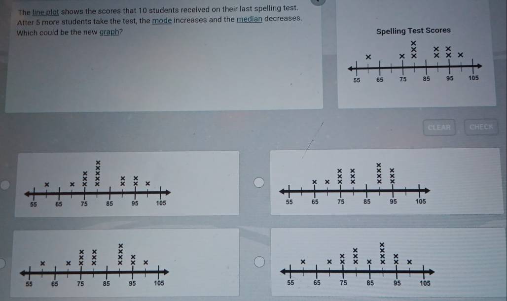 The line plot shows the scores that 10 students received on their last spelling test. 
After 5 more students take the test, the mode increases and the median decreases. 
Which could be the new graph? 
CLEAR CHECK