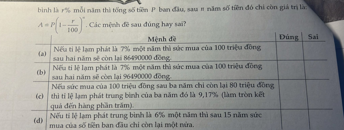 bình là r% mỗi năm thì tổng số tiền P ban đầu, sau 〃 năm số tiền đó chỉ còn giá trị là:
A=P(1- r/100 )^n. Các mệnh đề sau đúng hay sai? 
mua của số tiền ban đầu chỉ còn lại một a.