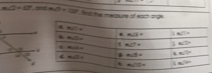 ∠ 2=∠ 3 aeed m∠ 9=108° find the measure of each ange.
m∠ =
m∠ T=
m∠ 6=
/ a m∠ 3= m∠ 7=
m∠ 2=
m∠ A=
m∠ 5=
m∠ 3=
m∠ 3=
m∠ IIJ= a m∠ V=