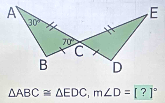 △ ABC≌ △ EDC,m∠ D=[?]^circ 