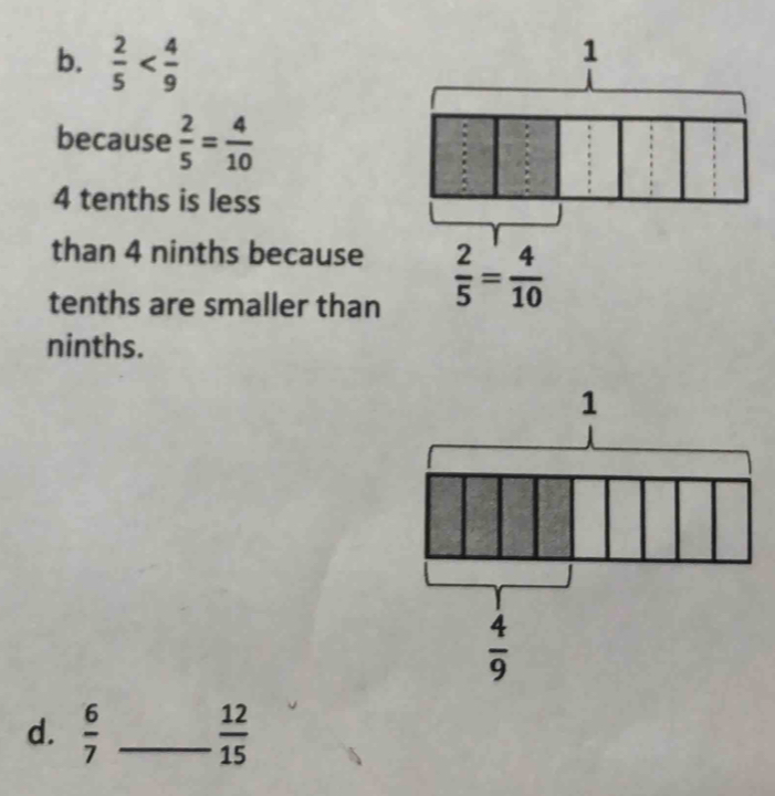  2/5 
because  2/5 = 4/10 
4 tenths is less
than 4 ninths because  2/5 = 4/10 
tenths are smaller than
ninths.
d.  6/7  _  12/15 